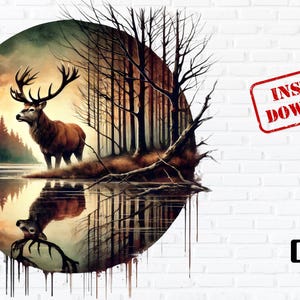 Hirsch mit Reflexion PNG, Jagd Sublimationsdesign, Buck Digitaler Download, Wildtier Shirt Clipart, Waldelch PNG für T-Shirts, Buck Clipart