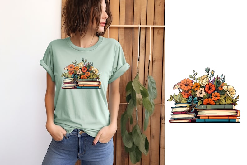 K&ouml;nnte beinhalten: Ein gr&uuml;nes T-Shirt mit einem Aufdruck einer Stapel B&uuml;cher mit bunten Blumen darauf. Die B&uuml;cher sind braun, blau und rot.