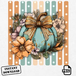 Floral Pumpkin PNG, Teal Bow Autumn Clipart, Coquette Fall Flowers Art(Digital Download)