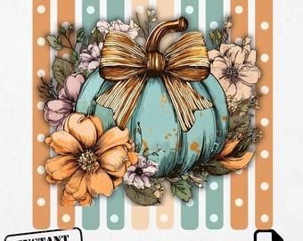 Floral Pumpkin PNG, Teal Bow Autumn Clipart, Coquette Fall Flowers Art(Digital Download)