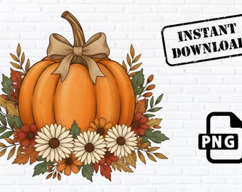 Pumpkin Clipart PNG Fall Floral Bow Instant Download