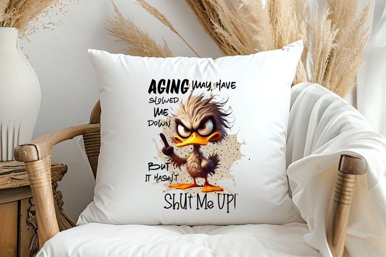 May include: White throw pillow with a cartoon duck illustration and the text "AGING may have slowed me down, but it hasn't SHUT ME UP!"