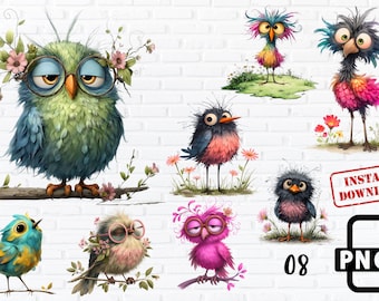 Whimsical Cartoon Birds PNG Bundle: Colorful Kawaii Clipart (Instant Download)