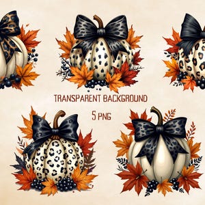 Könnte beinhalten: Aquarellillustrationen von Kürbissen mit schwarzen Schleifen und Leopardenmuster-Akzenten. Jeder Kürbis ist von Herbstblättern und Beeren umgeben. Der Text "TRANSPARENT BACKGROUND" und "5 PNG" ist ebenfalls enthalten.