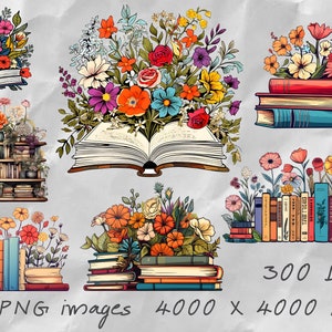 K&ouml;nnte beinhalten: Sieben digitale Illustrationen von B&uuml;chern und Blumen. Die Illustrationen sind im Vintage-Stil mit einer Vielzahl von Farben gehalten, darunter Rot, Blau, Gelb und Gr&uuml;n. Die Illustrationen eignen sich perfekt f&uuml;r die Verwendung in Scrapbooking, Kartenherstellung und anderen Bastelprojekten.