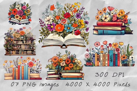 Floral Book PNG Set: Elegant Reading Nook Graphics (Digital Download)
