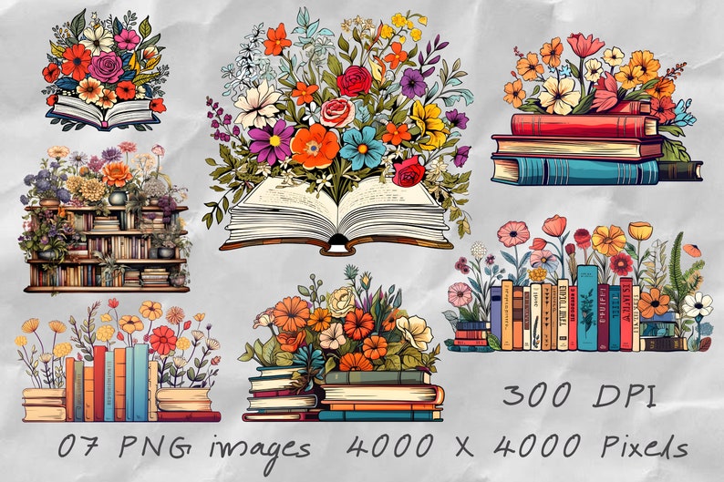 K&ouml;nnte beinhalten: Sieben digitale Illustrationen von B&uuml;chern und Blumen. Die Illustrationen sind im Vintage-Stil mit einer Vielzahl von Farben gehalten, darunter Rot, Blau, Gelb und Gr&uuml;n. Die Illustrationen eignen sich perfekt f&uuml;r die Verwendung in Scrapbooking, Kartenherstellung und anderen Bastelprojekten.