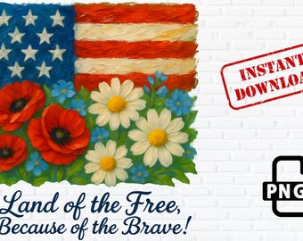 Watercolor American Flag with Wildflowers PNG: Patriotic Floral Clipart (Digital Download)