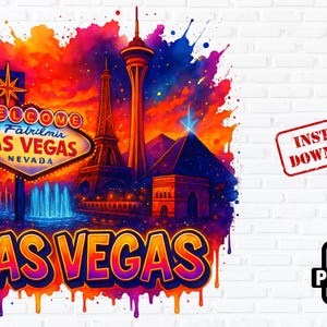 PNG de Las Vegas, horizonte de neón de Sin City, diseño de sublimación de casino, arte digital del Strip de Las Vegas, impresión de camisetas de juegos de azar, descarga instantánea