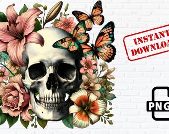 Floral Skull PNG: gotisch vlindersublimatieontwerp (directe download)