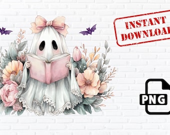Pastellfärgad Halloween-spöke-clipart, bokälskare PNG (digital nedladdning)
