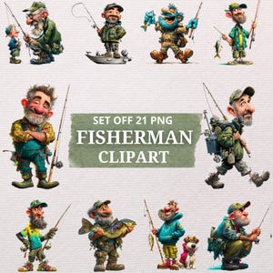 May include: A collection of 21 PNG images featuring cartoon fishermen in various poses. The illustrations depict fishermen with fishing rods, boats, and fish. The images are colorful and detailed, with a whimsical style. Text on the image reads: "SET OFF 21 PNG FISHERMAN CLIPART."