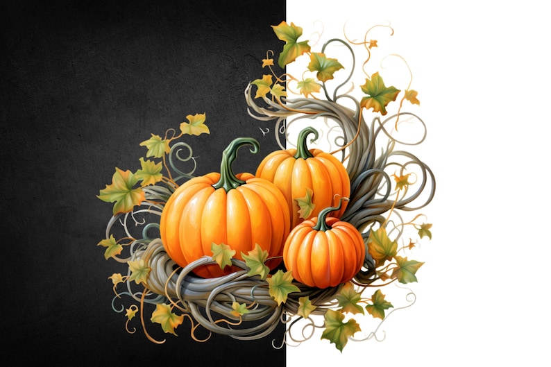 K&ouml;nnte beinhalten: Aquarellillustration von drei orangefarbenen K&uuml;rbissen mit gr&uuml;nen Stielen, umgeben von Ranken und Bl&auml;ttern. Die K&uuml;rbisse sind vor einem schwarz-wei&szlig;en Hintergrund platziert, der ein Herbst- oder Erntethema hervorruft.