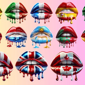 Paquete PNG de labios con banderas que gotean de moda, 13 banderas internacionales / arte de labios vibrantes para prendas de vestir, calcomanías, carteles, camisetas y más, banderas de lápiz labial png