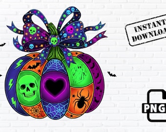 Neonowa dynia na Halloween PNG z kokardą, straszny pająk i nietoperz w kształcie czaszki