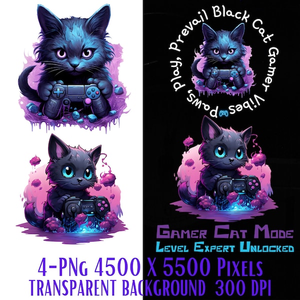 Gamer Black Cat png,Playful Feline Clipart for Gaming Enthusiasts,Gamer png,,Gaming controller png,Cat with game controller,Gaming kitty png