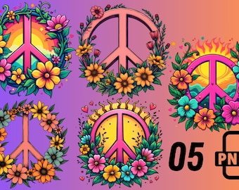 Signo de la paz floral PNG: Clipart retro de los años 60 y 70 (Descarga digital)