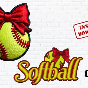 Könnte beinhalten: Eine rote Schleife mit einem gelben Softball in der Mitte. Der Softball hat rote Nähte. Der Text "Softball" ist in Gelb mit roter Umrandung. Die Texte "02" und "PNG" sind in Schwarz.