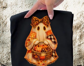 Neon Patchwork Ghost PNG,Cozy Fall Ghost with Pumpkin Basket,Leopard Bow (Digital Download)