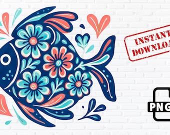 Floral Fish PNG: Boho Folk Art Clipart (digitale download)