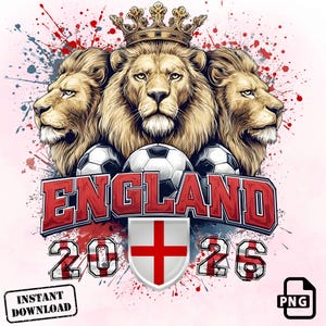 Imagen PNG de la selección inglesa de fútbol, diseño retro grunge con la corona de los Tres Leones (descarga instantánea) imagen 3