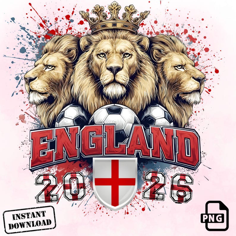 Imagen PNG de la selección inglesa de fútbol, diseño retro grunge con la corona de los Tres Leones (descarga instantánea) imagen 3