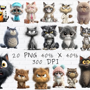 May include: A selection of 20 cartoon cat illustrations with diverse expressions. The cats are in various colours and poses, some wearing clothing. The image includes the text "20 PNG 4096 X 4096 300 DPI".