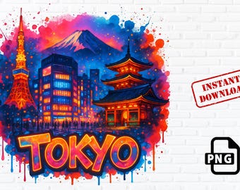 May include: A colorful digital painting of Tokyo, Japan. The image features iconic landmarks like the Tokyo Skytree and a traditional pagoda. The cityscape is surrounded by vibrant watercolor splashes, creating a dynamic and artistic representation of the city.