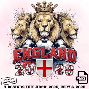 Imagen PNG de la selección inglesa de fútbol, diseño retro grunge con la corona de los Tres Leones (descarga instantánea) imagen 1