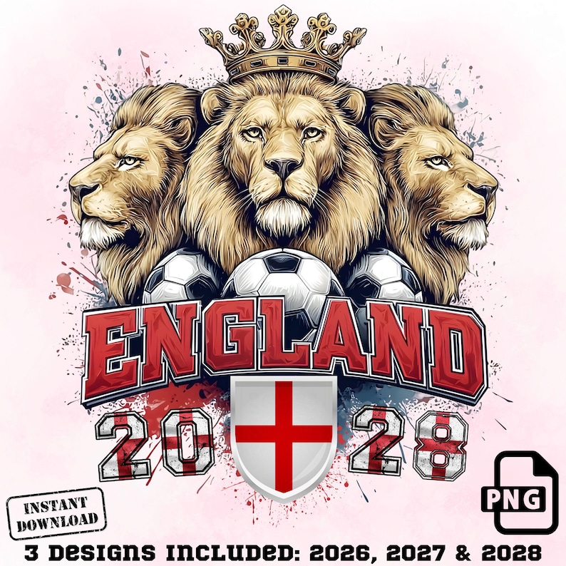 Imagen PNG de la selección inglesa de fútbol, diseño retro grunge con la corona de los Tres Leones (descarga instantánea) imagen 1