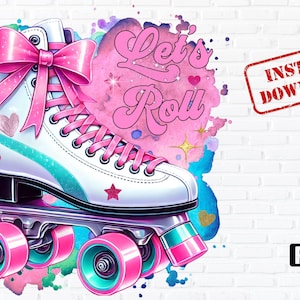 Puede incluir: Patín de ruedas rosa y blanco con cordones rosas y un lazo rosa en la parte superior. El patín está sobre un fondo blanco con salpicaduras de acuarela rosa y azul. El texto "Let's Roll" está escrito en letras rosas sobre una forma de corazón rosa.