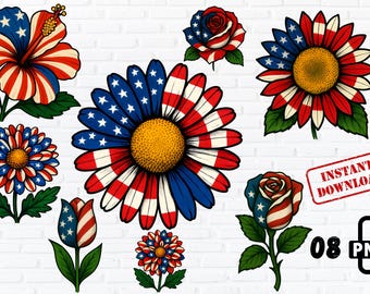 May include: A collection of floral illustrations in red, white, and blue, resembling the American flag. The designs include a hibiscus, roses, daisies, and a tulip. The image also includes the text "INSTANT DOWNLOAD" and "08 PNG".