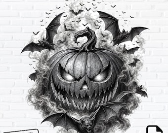 Gothic Pumpkin PNG, Vampire Bat Swarm Clipart, Scary Jack O Lantern Art (Digital Download)