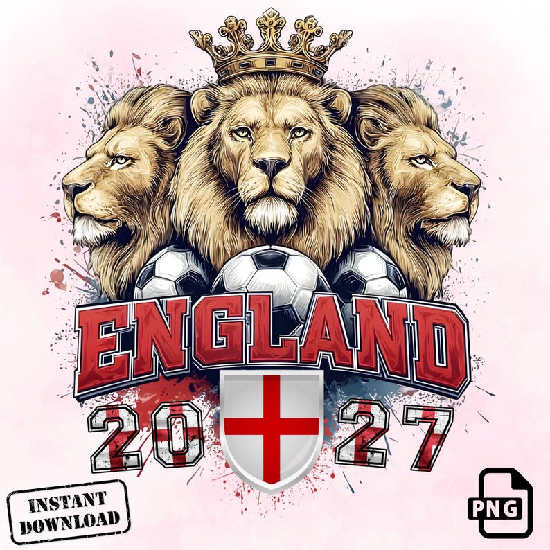 Imagen PNG de la selección inglesa de fútbol, diseño retro grunge con la corona de los Tres Leones (descarga instantánea) imagen 2