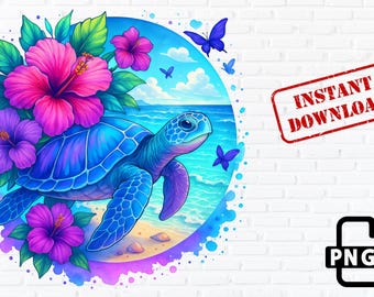 Tropische Meeresschildkröte PNG - Hibiskus Blumen, Strandszene (Digitaler Download)