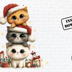 May include: A stack of three cartoon kittens wearing Santa hats. The top kitten is orange, the middle is gray, and the bottom is white. Presents and a snowman are at the bottom. The image has a white brick background and a "PNG" icon.