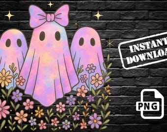 Pastel Ghost Clipart: Girly Halloween Floral PNG (Instant Download