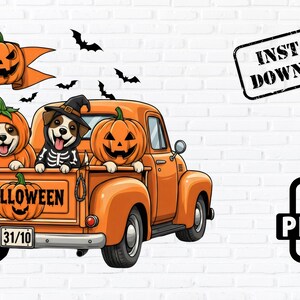 Halloween-vrachtwagen PNG-honden pompoenkostuums herfst Digitale download sublimatieontwerp