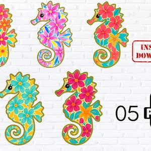 Floral Seahorse PNG Bundle, 5 Colorful Sea Horse Clipart, Tropical Ocean Animal Sublimation, Beach Decor, Instant Digital Download