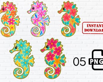 Floral Seahorse Clipart, Tropical PNG Bundle (Digital Download)