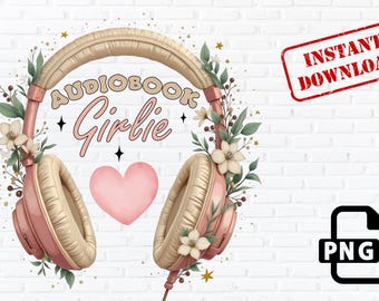 Audiobook Girlie PNG: Floral Headphones Clipart (Digital Download)