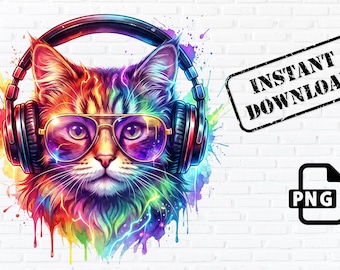 May include: A colorful illustration of a cat wearing headphones and sunglasses. The cat's fur is a vibrant mix of rainbow colors, with paint splatter effects. The image includes the text "INSTANT DOWNLOAD" and a PNG file icon.
