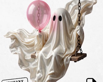 Ghost On Swing PNG, Pink Balloon Halloween Clipart, Dreamy Satin Sublimation Design(Digital Download)