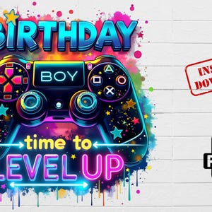 Verjaardag gamer png, level-up jongen sublimatie, gaming controller clipart, neon game art, instant download, kindershirt png, kleurrijke neon png