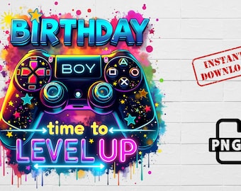 Geburtstag Gamer PNG, Level Up Boy Sublimation, Gaming Controller Clipart, Neon Game Art, Sofortiger Download, Kinder Shirt PNG, Buntes Neon PNG