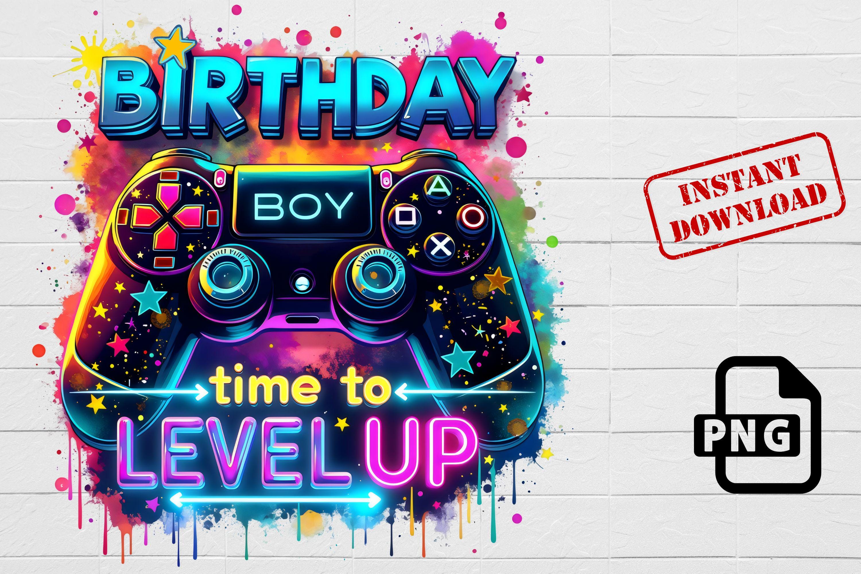 Birthday Gamer PNG: Level Up Neon Controller Clipart (Digital Download)