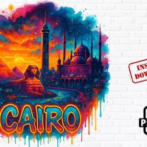 May include: A watercolour painting of Cairo, Egypt, with a vibrant sunset sky, a sphinx, pyramids, and a mosque with minarets. The word "CAIRO" is written in graffiti style at the bottom of the image.