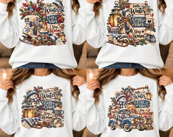 Może przedstawiać: Biała bluza z czterema różnymi grafikami o tematyce zimowej. Każdy wzór zawiera drewniane tabliczki z napisem Hello Winter, Cozy Vibes i Stay Warm, ozdobione gałązkami sosny, jagodami, wzorami w kratę oraz elementami sezonowymi.