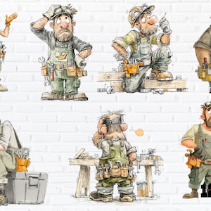 Puede incluir: Ilustración digital con seis trabajadores de la construcción de dibujos animados en varias poses. Cada trabajador lleva monos, cinturones de herramientas y gafas de seguridad. La imagen tiene un fondo de ladrillo blanco y el texto "12 PNG".