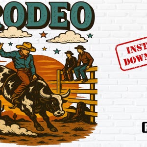 Western Rodeo Cowboy PNG, Vintage Country Sublimation, Bull Rider Clipart, Wild West T-Shirt Design,desert western art, western graphic